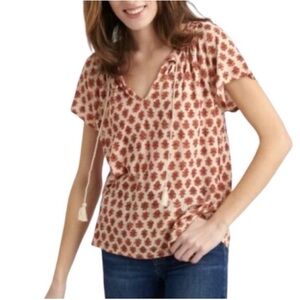 Lucky Brand Ivory Print Short Sleeve V-Neck Top Linen Blend XS Style 7W64883